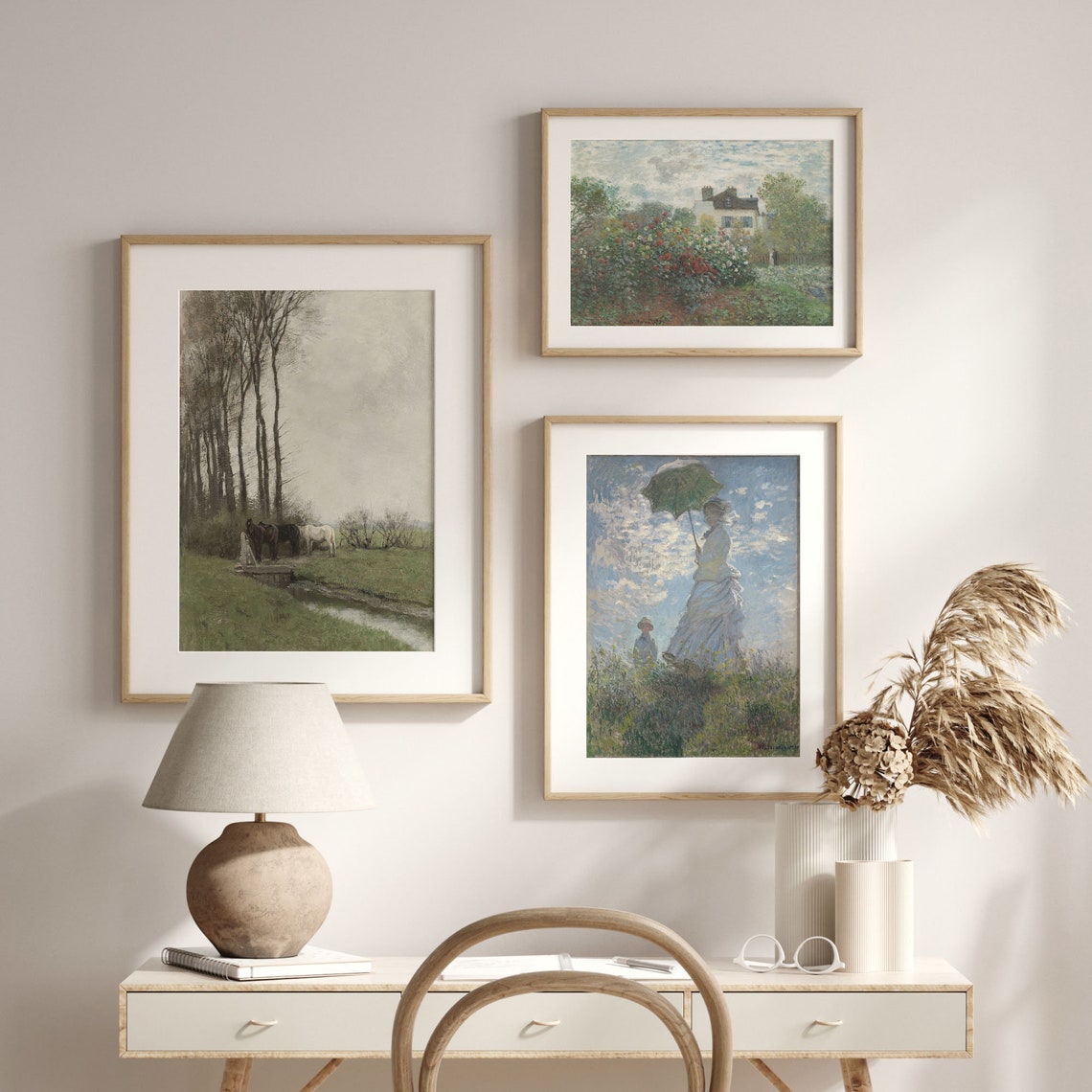 Horses By Stream Vintage Meadow Landscape Tall Bare Trees Gray Poster - Image 2