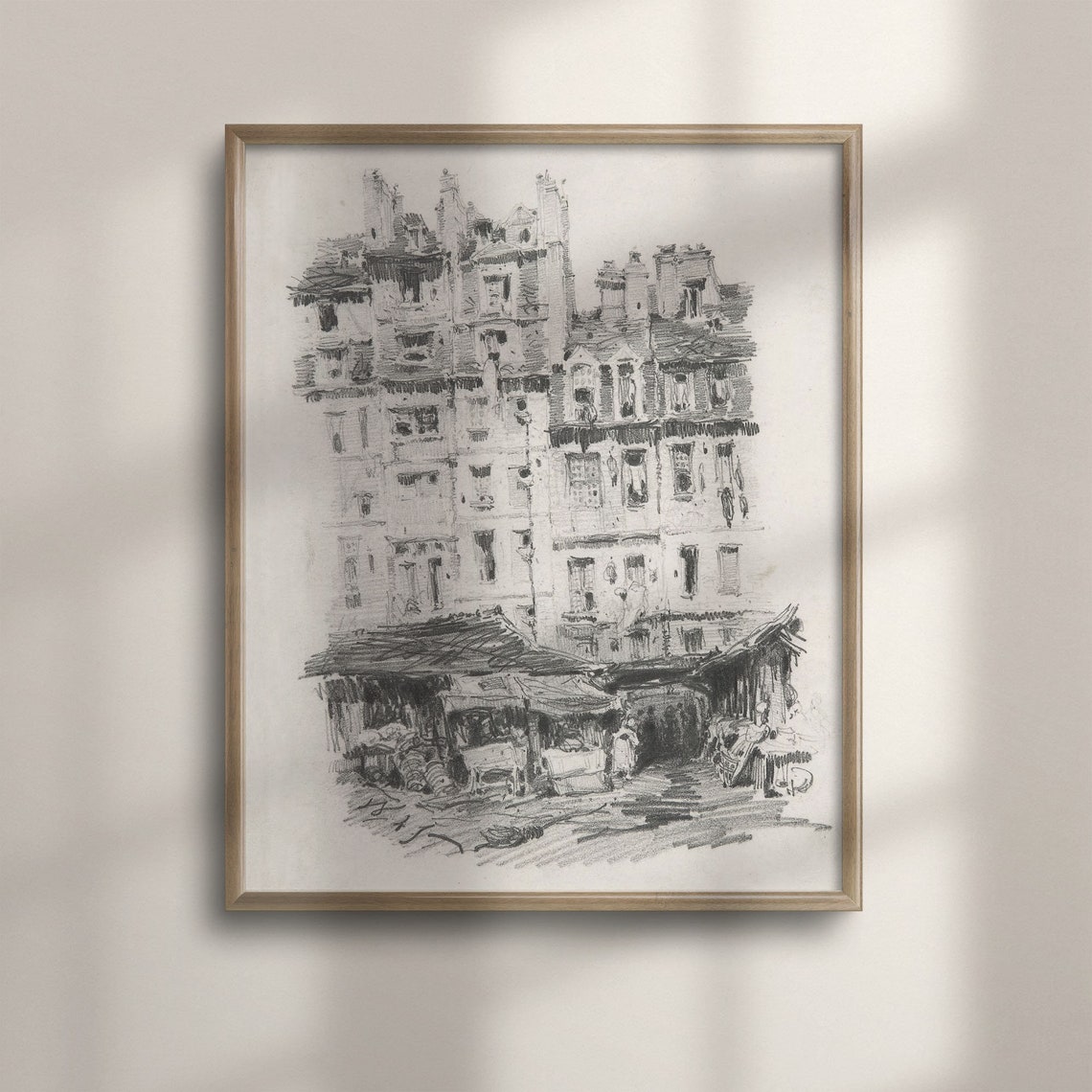 Old Market Building Charcoal Sketch Vintage Architecture Poster