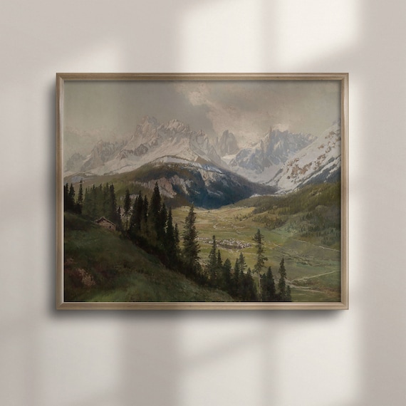 Vintage Rustic Mountain Landscape Painting Nature Scenic Wall Art Cabin Home Decor Poster Framed C16 491