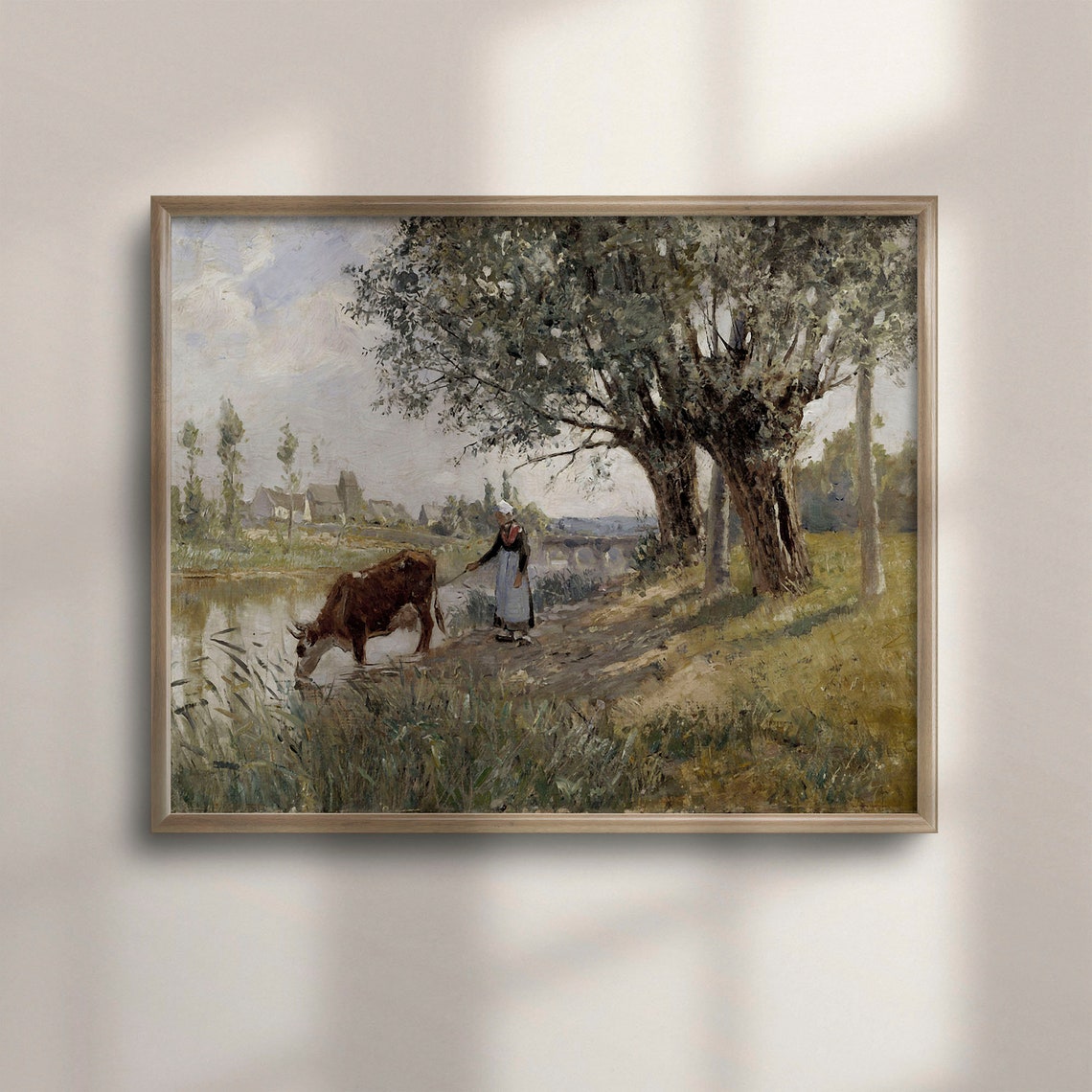 Woman Watering Cow by a River with Willows Vintage Oil Poster