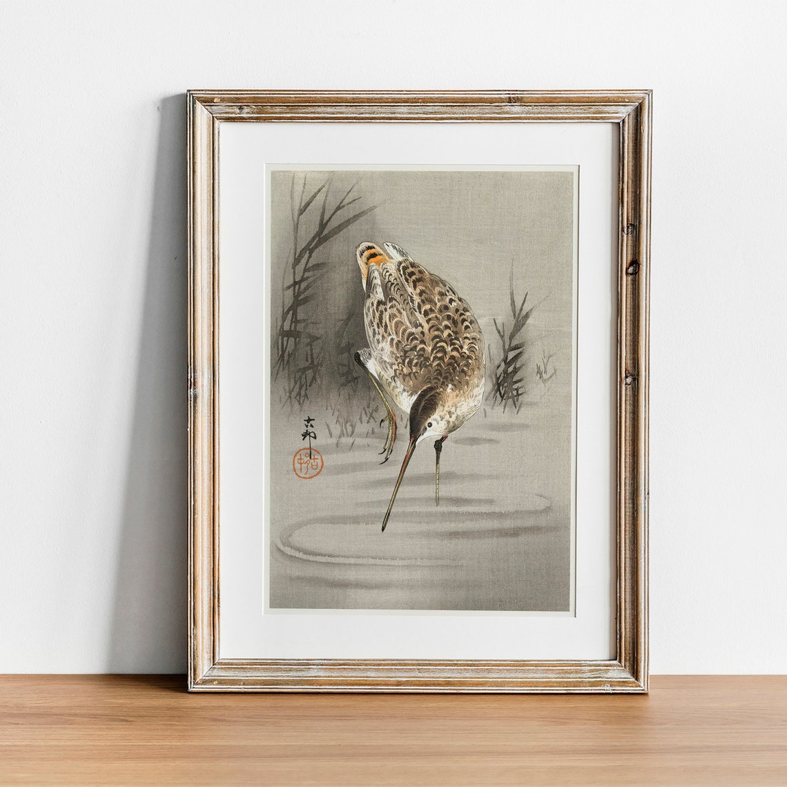 Vintage Sandpiper Wading Japanese Woodblock Shorebird Art Poster