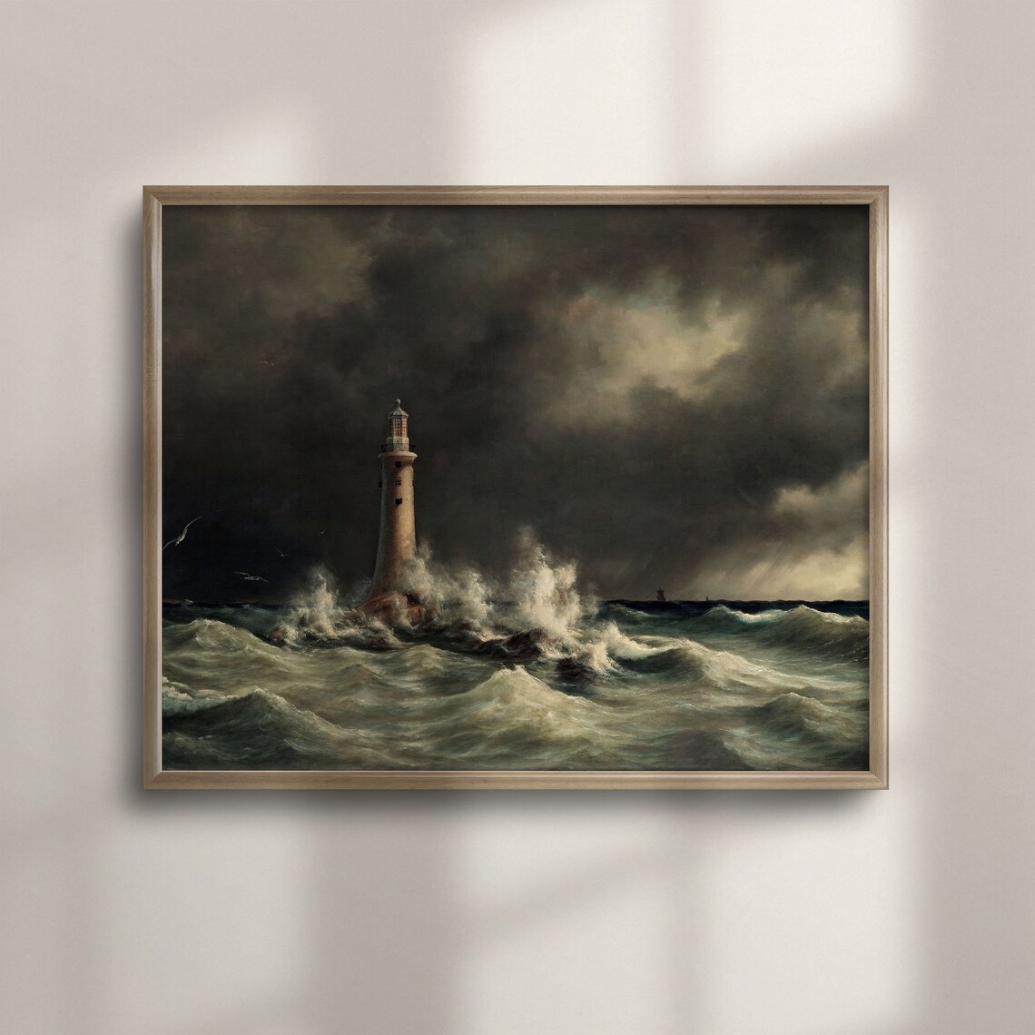 Stormy Lighthouse Seascape Oil Painting Moody Ocean Waves Nautical Poster