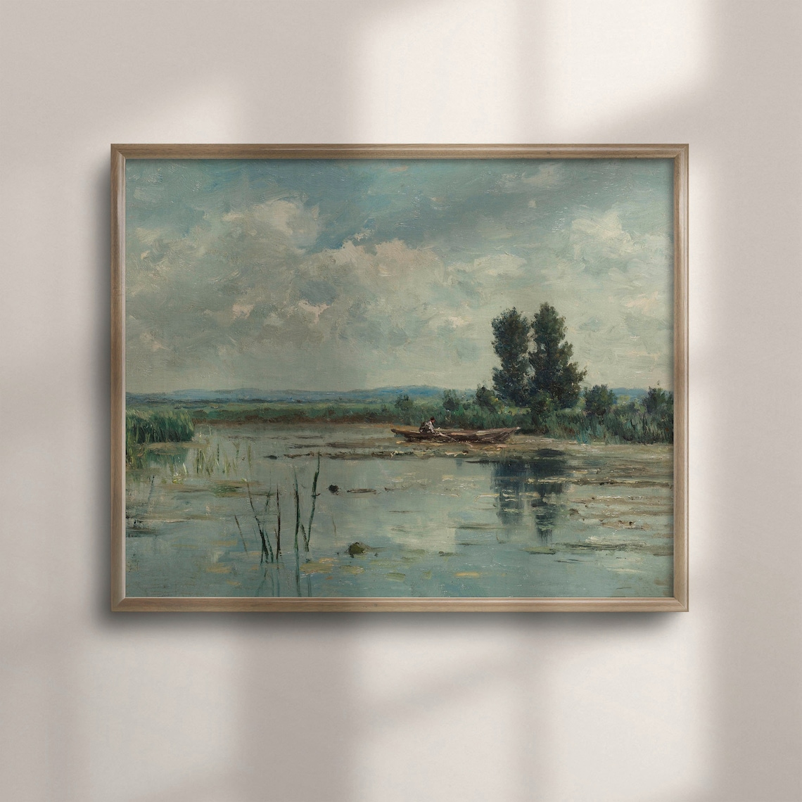Vintage Fishermen Boat Marsh Reeds Cloudy Sky Morning Art Poster