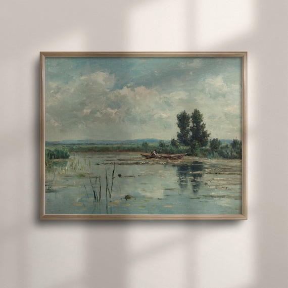 Vintage Fishermen Boat Marsh Reeds Cloudy Sky Morning Art Poster