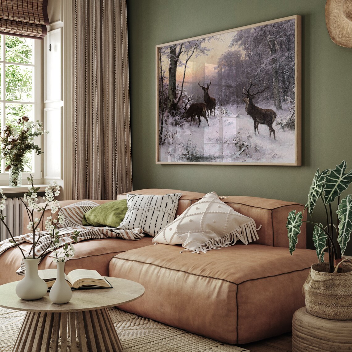 Red Deer Stags Snowy Winter Forest Dusk Antique Wildlife Painting Poster - Image 2
