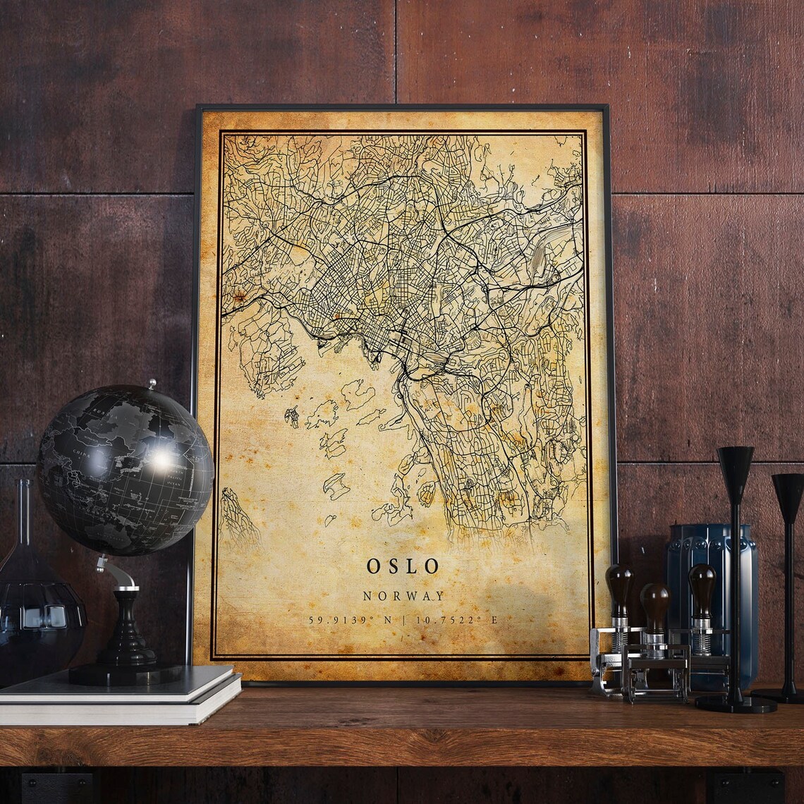 Oslo Norway Vintage Style City Street Map with Coordinates Art Poster