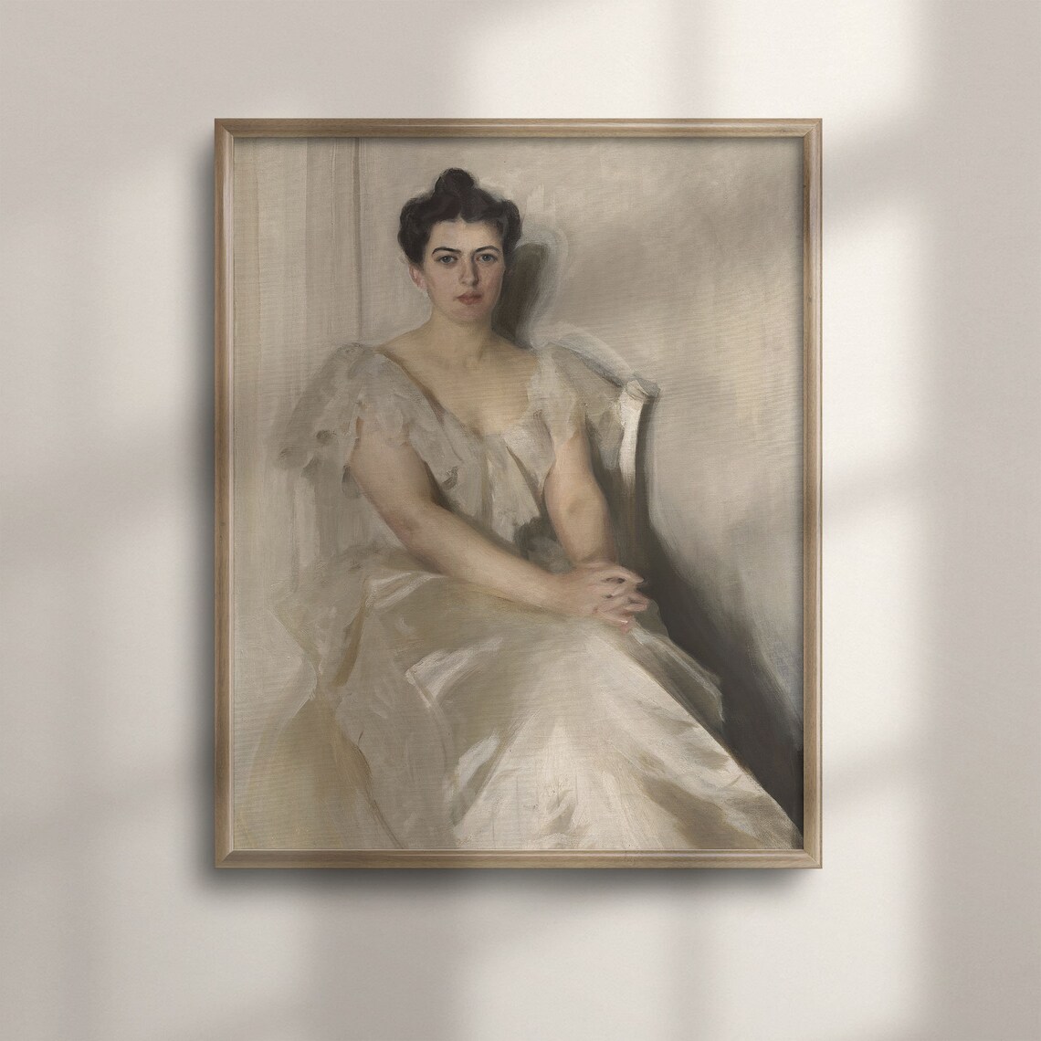 Vintage Portrait Art Elegant Woman in White Dress