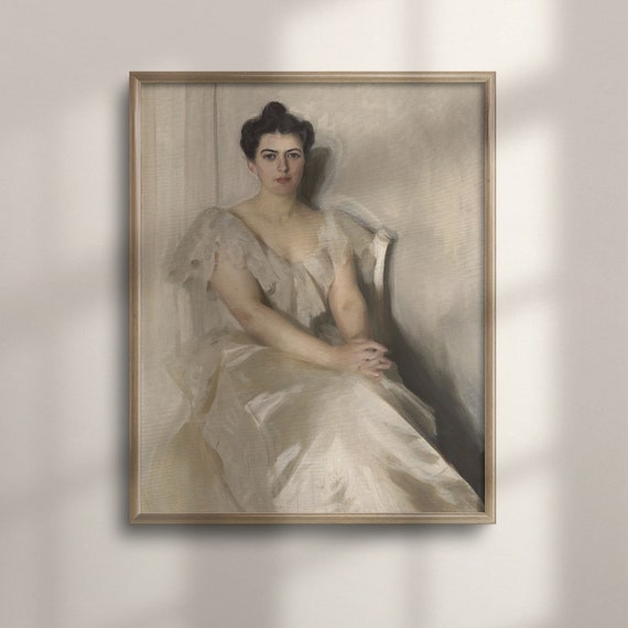 Vintage Portrait Art Elegant Woman in White Dress