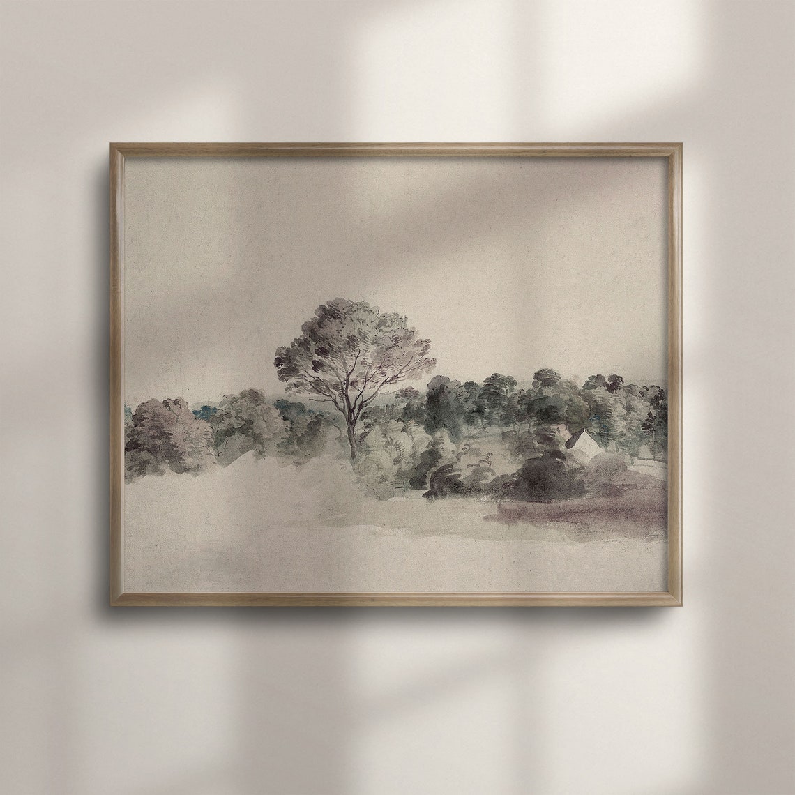 Soft Neutral Tree Meadow Watercolor Antique Farmhouse Landscape Poster