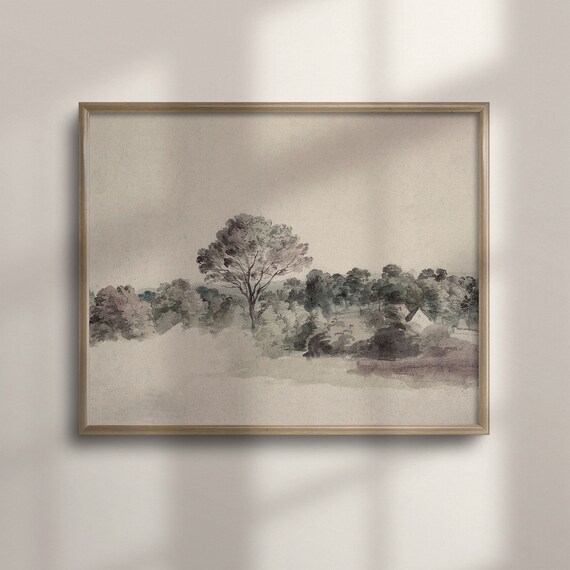 Soft Neutral Tree Meadow Watercolor Antique Farmhouse Landscape Poster