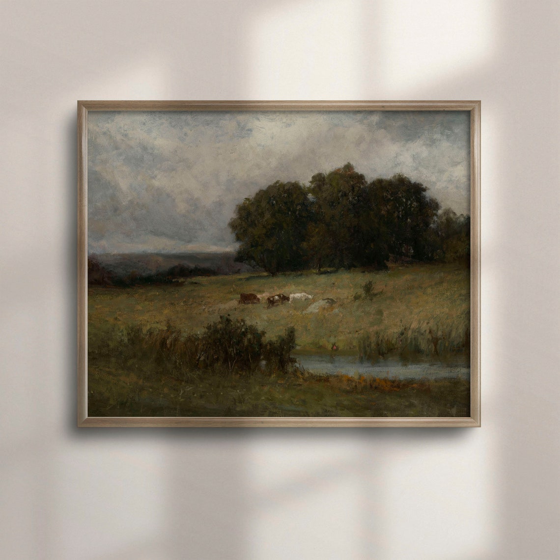 Vintage Pastoral Moody Landscape Cattle Pond Field Painting Poster