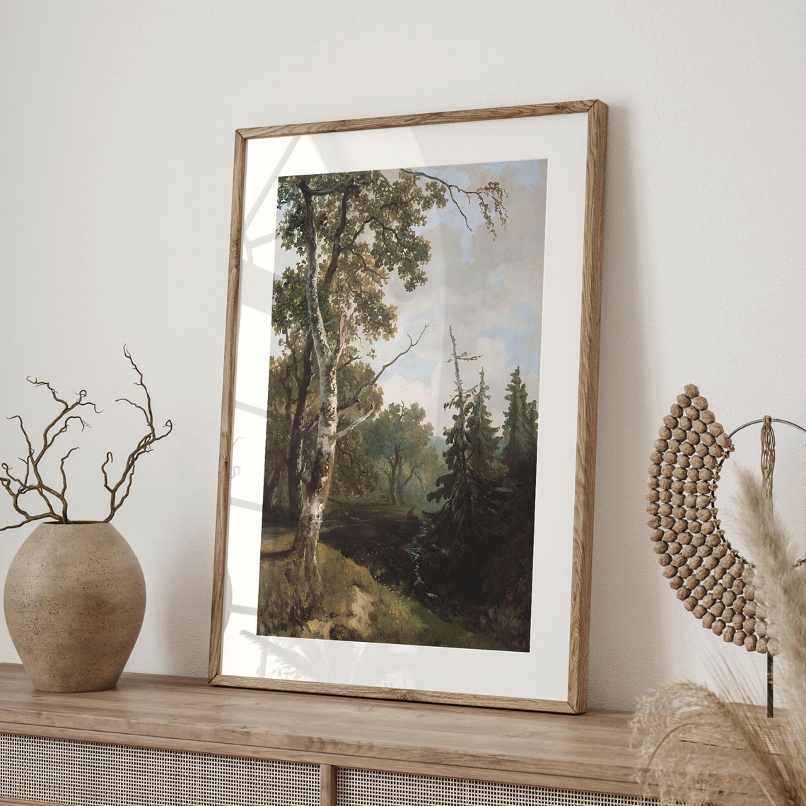 Vintage Birch Forest Landscape with a Quiet Stream Oil Painting Poster - Image 4