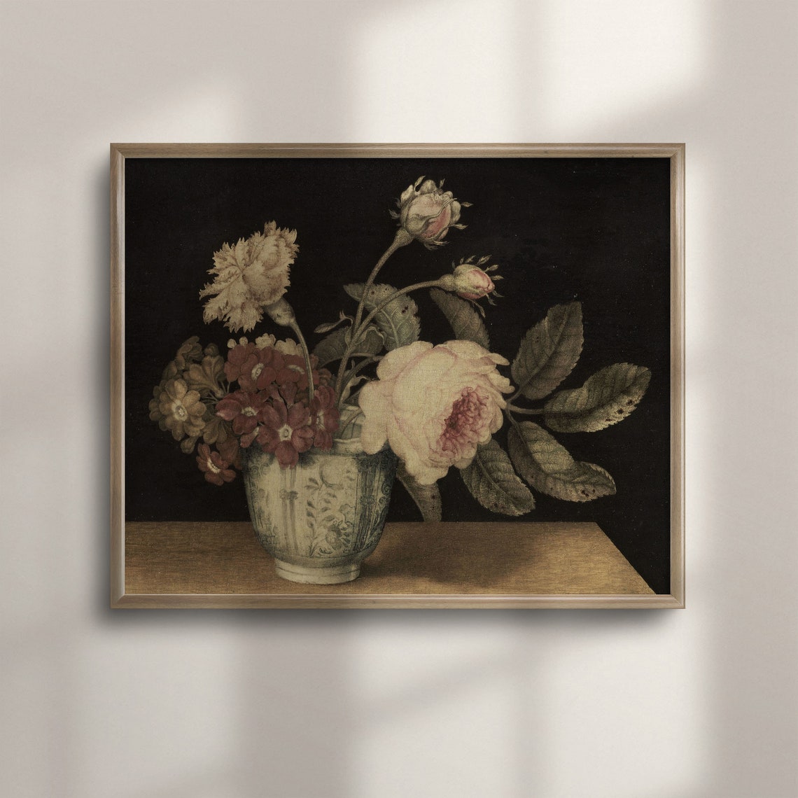 Vintage Lush Roses and Carnations in a Vase Dark Floral Poster