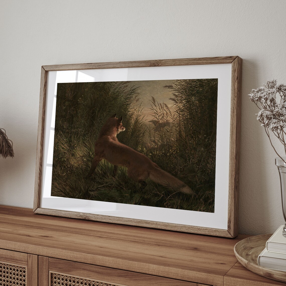 Red Fox In Tall Marsh Reeds At Dusk Vintage Woodland Wildlife Painting Poster - Image 4