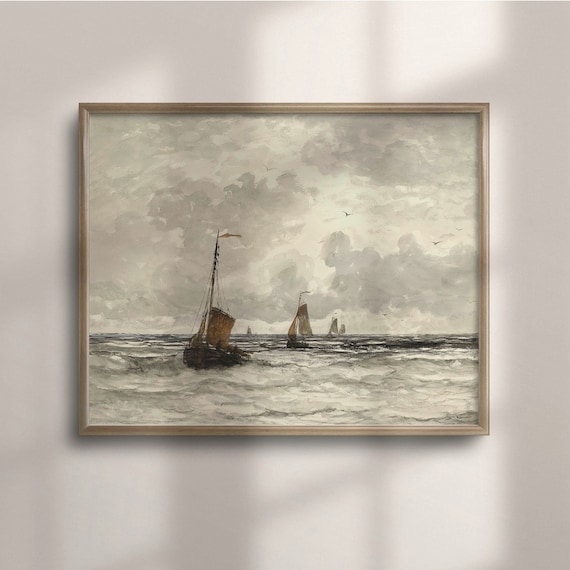 Sailboats on Choppy Sea Vintage Nautical Watercolor Painting Poster