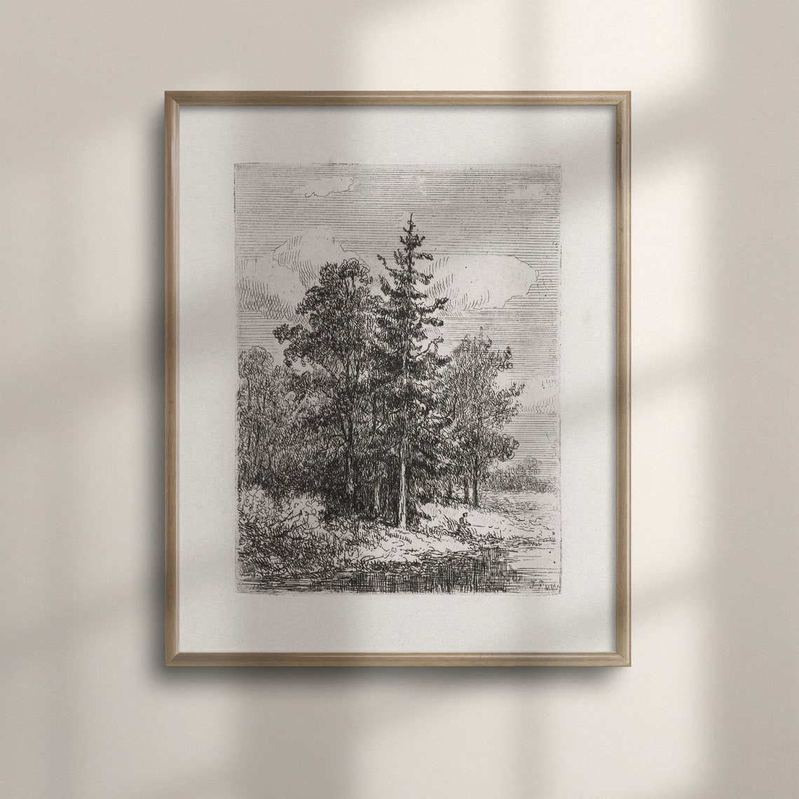 Antique Etching of Pine Trees by Water Vintage Forest Engraving Poster