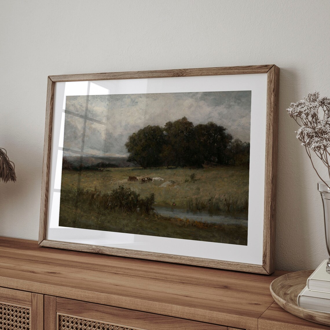 Vintage Pastoral Moody Landscape Cattle Pond Field Painting Poster - Image 4