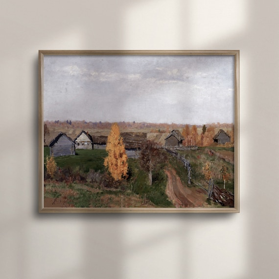 Autumn Log Cabin Village Golden Tree Vintage Farmhouse Painting Poster