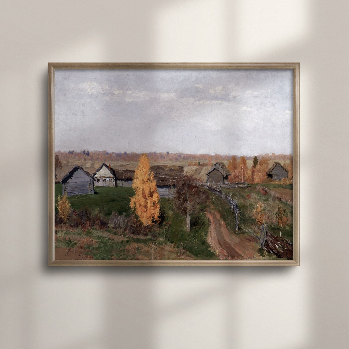 Autumn Log Cabin Village Golden Tree Vintage Farmhouse Painting Poster