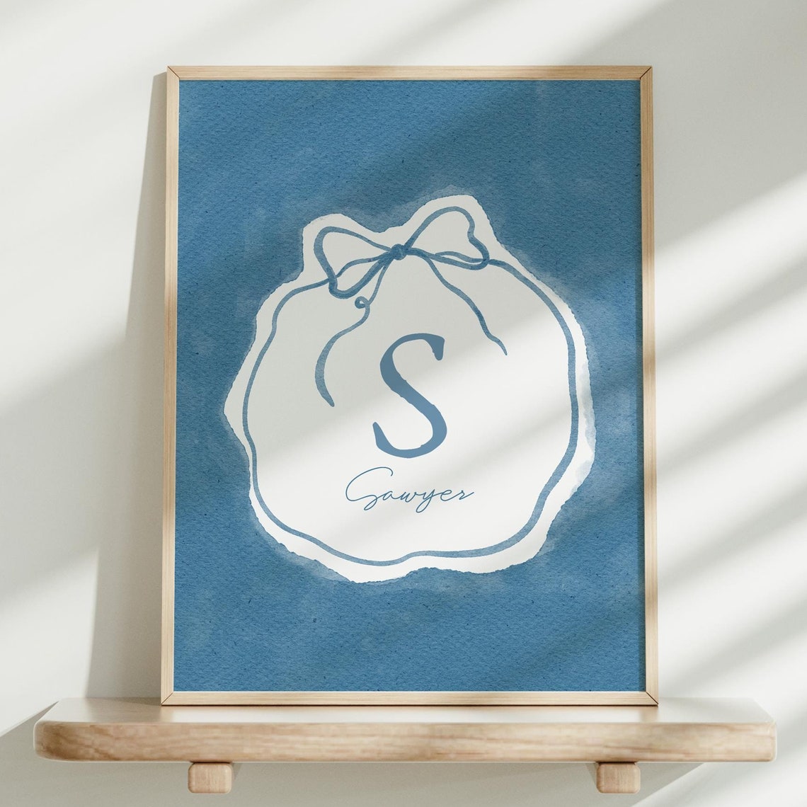 Blue Personalized Initial Name Poster for Baby Boy Nursery Wall Decor