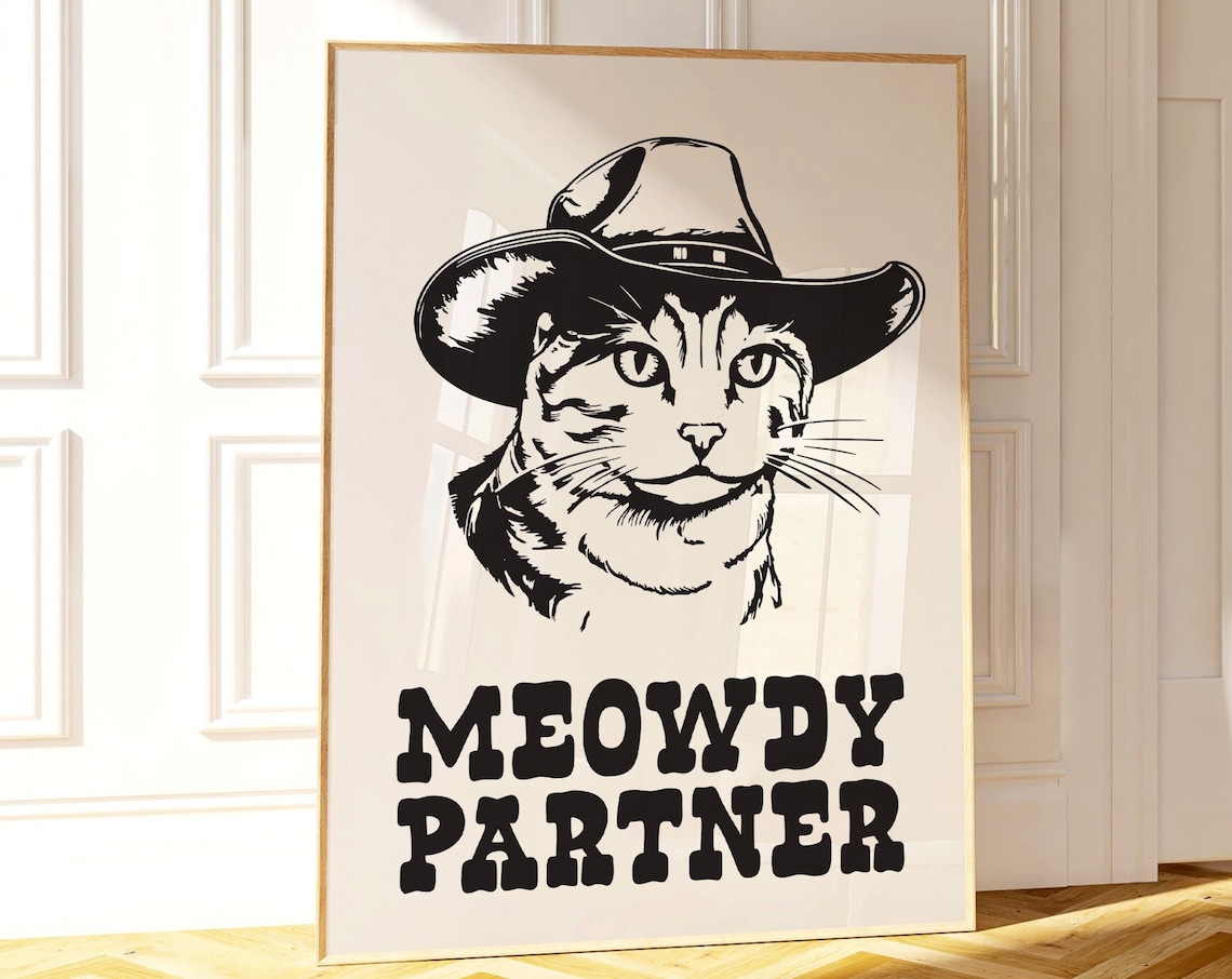 Meowdy Partner Cowgirl Cat Art Print, Western Decor