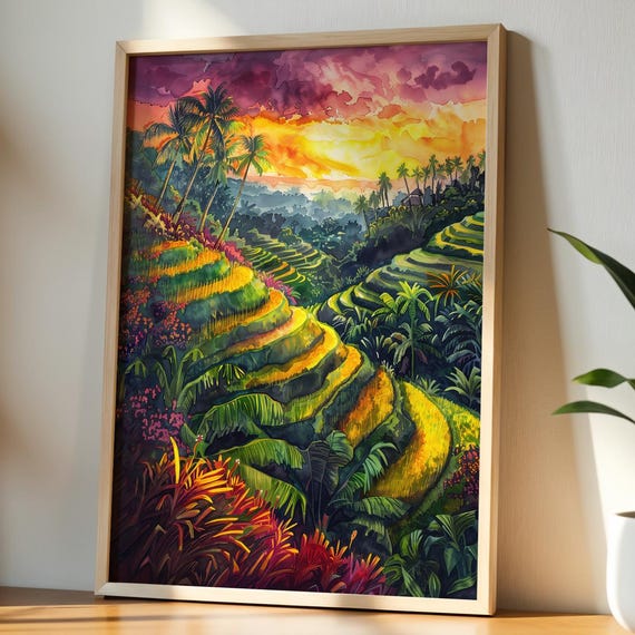 Bali Painting Rice Terraces Art Tegalalang Sunrise Landscape Print Tropical Jungle Decor Ubud Travel Poster Boho Natural Home