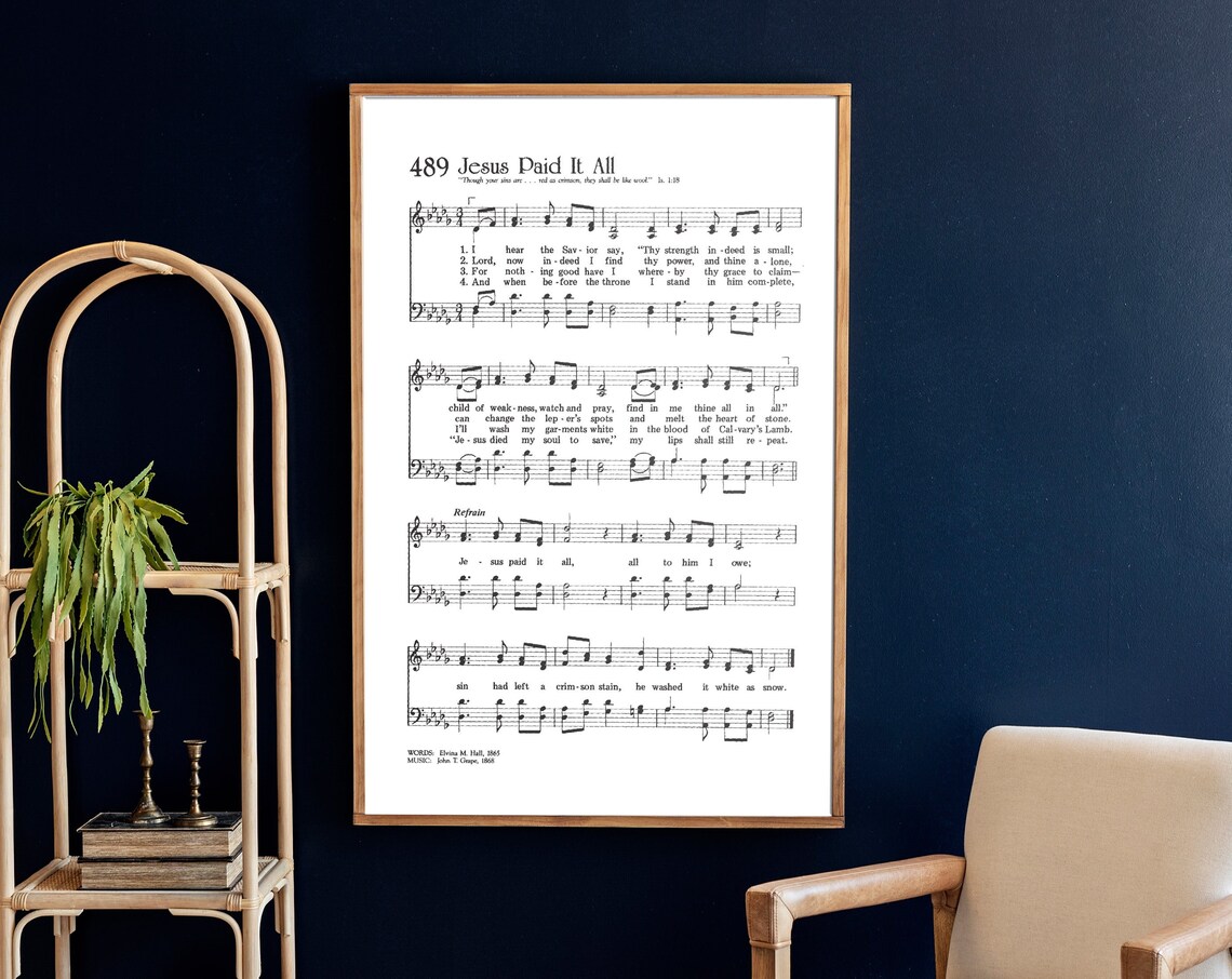 Jesus Paid It All Hymn Sheet Music, Christian Wall Print