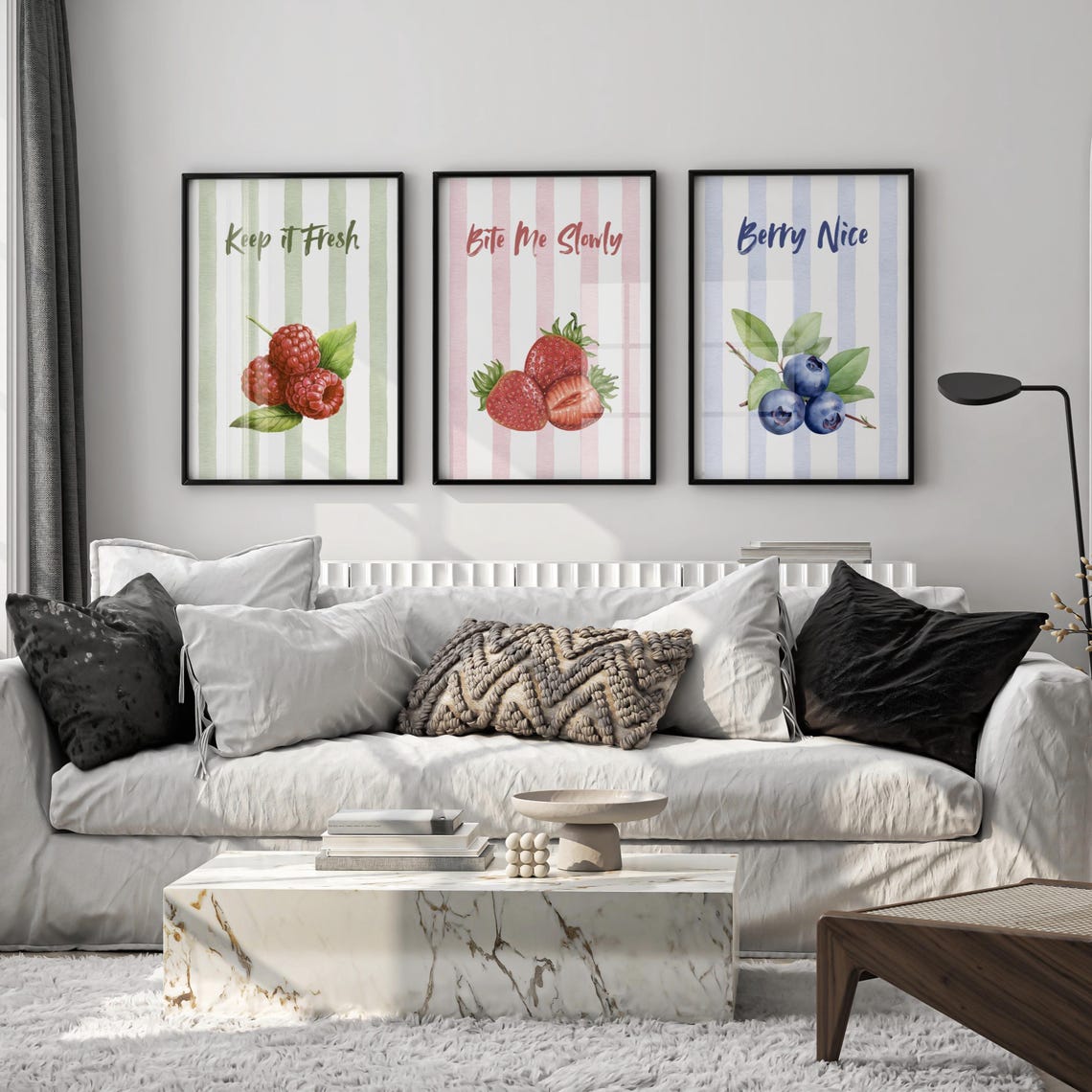 Berry Fruit Kitchen Wall Decor Print Set of 3 on Striped Backgrounds