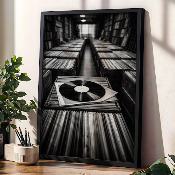 Vinyl Record Store Black And White Moody Photography Art Poster