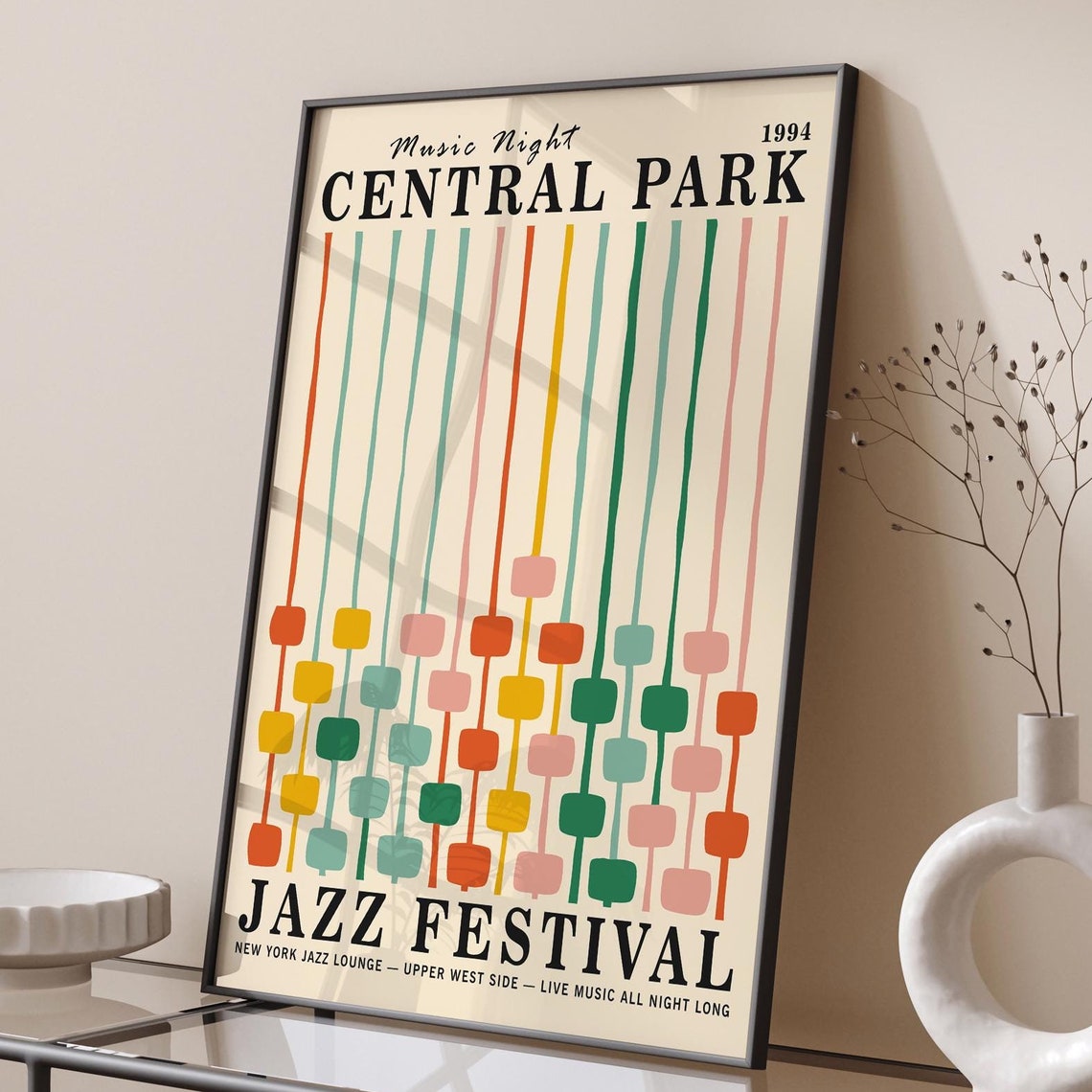 Colorful New York Jazz Festival Poster Retro Mid Century Modern Art Print Central Park Music Poster Jazz Night Wall Art Airbnb Decor