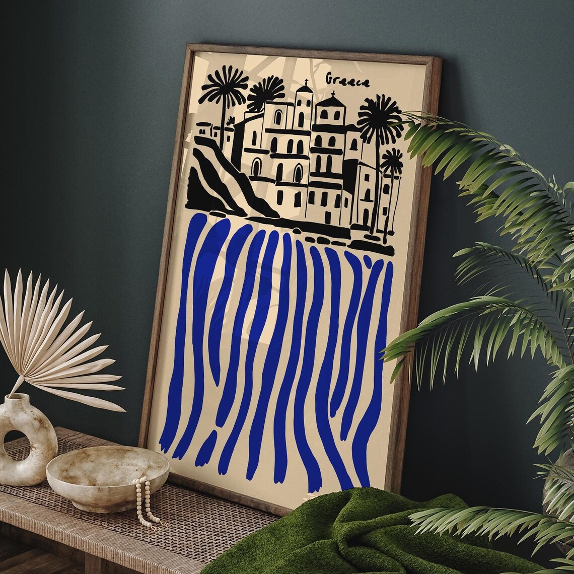 Greece Coastal Village Blue Black Striped Sea Waves Travel Poster