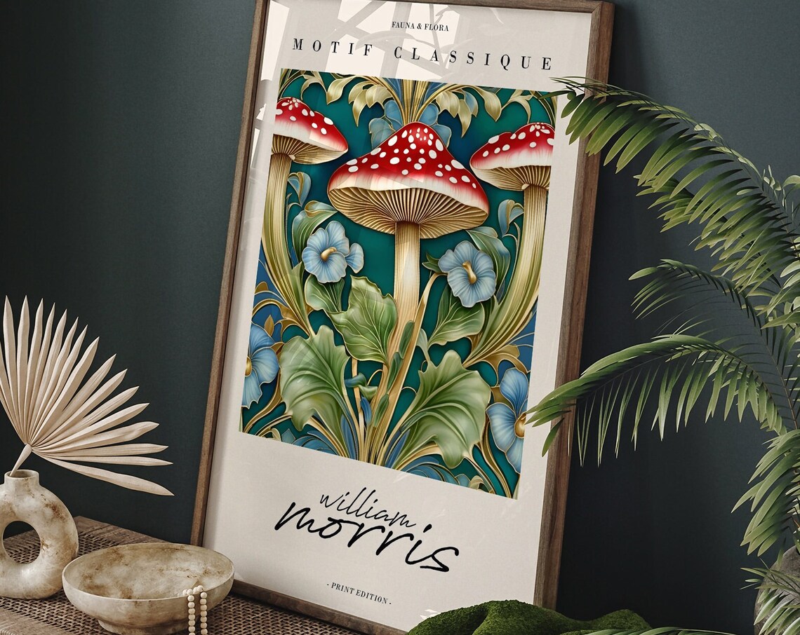 William Morris Motif Classique Red Mushroom And Blue Floral Poster - Image 6