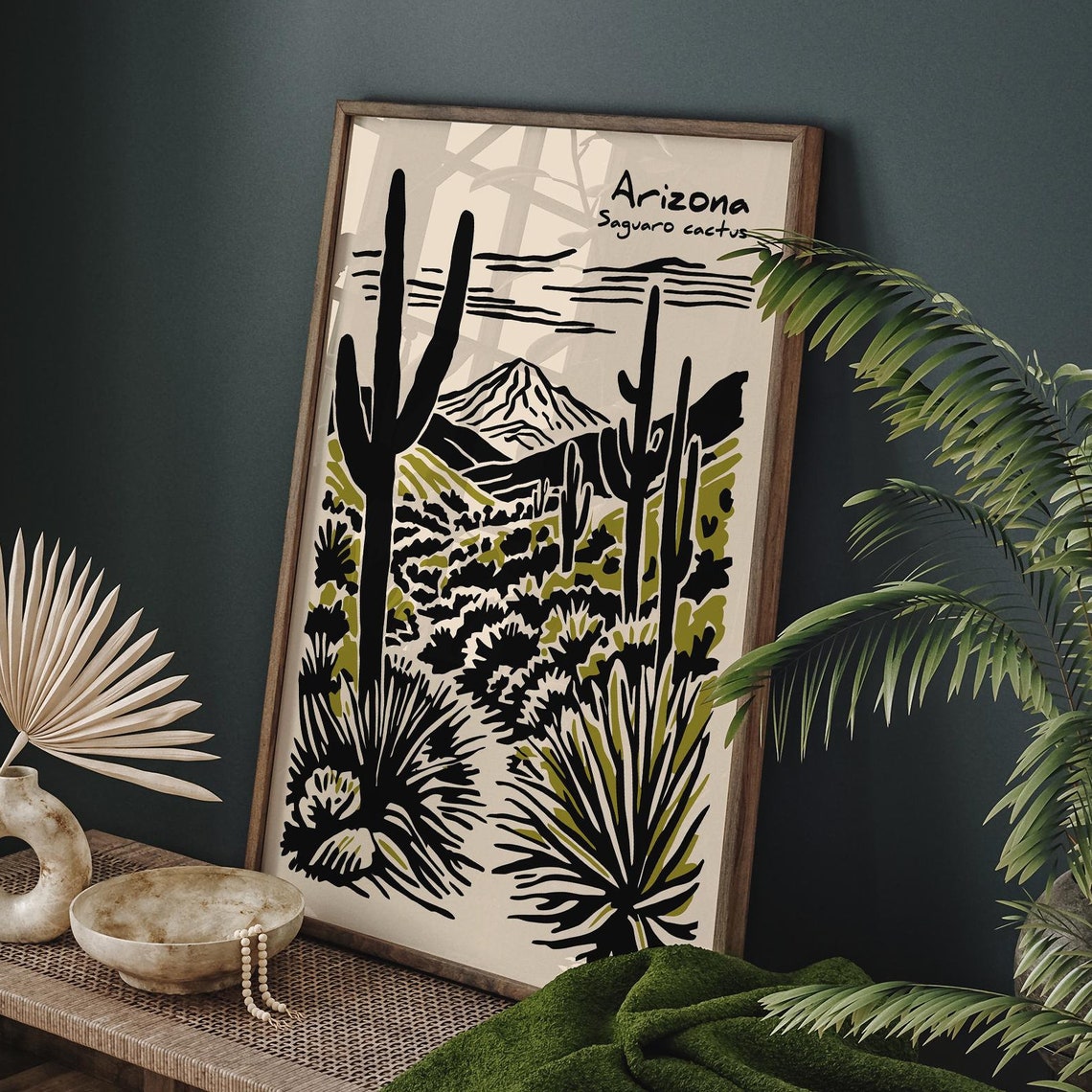 Arizona Saguaro Cactus Desert Landscape Linocut Travel Poster