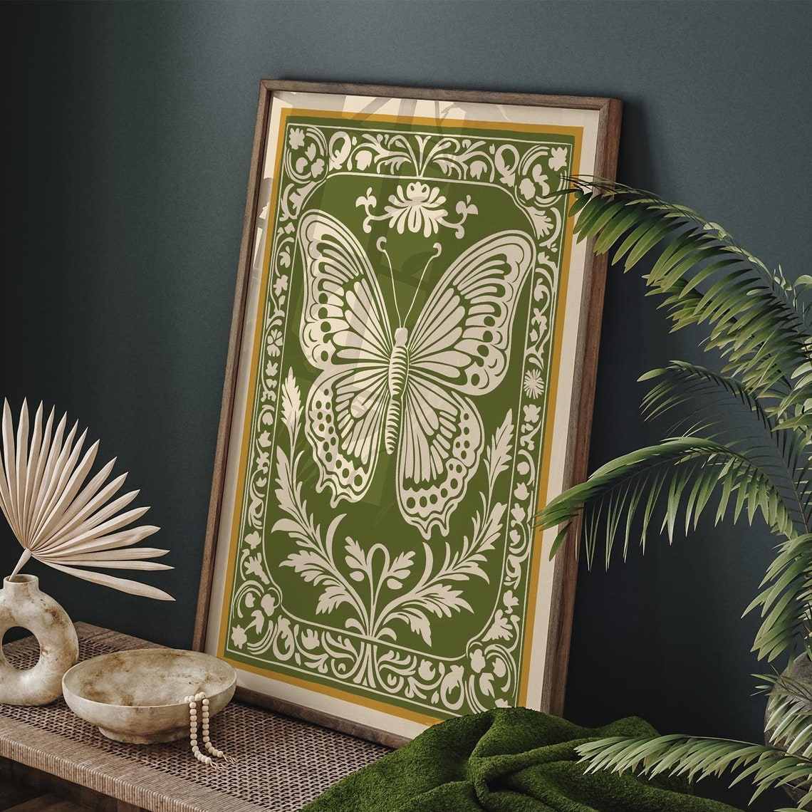 Butterfly Poster Green Rococo Art Print Elegant Botanical Wall Decor Nature Home Decoration Classic Boho Gift For Butterfly Lovers