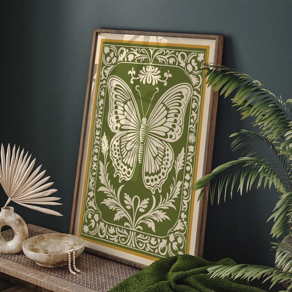 Butterfly Poster Green Rococo Art Print Elegant Botanical Wall Decor Nature Home Decoration Classic Boho Gift For Butterfly Lovers