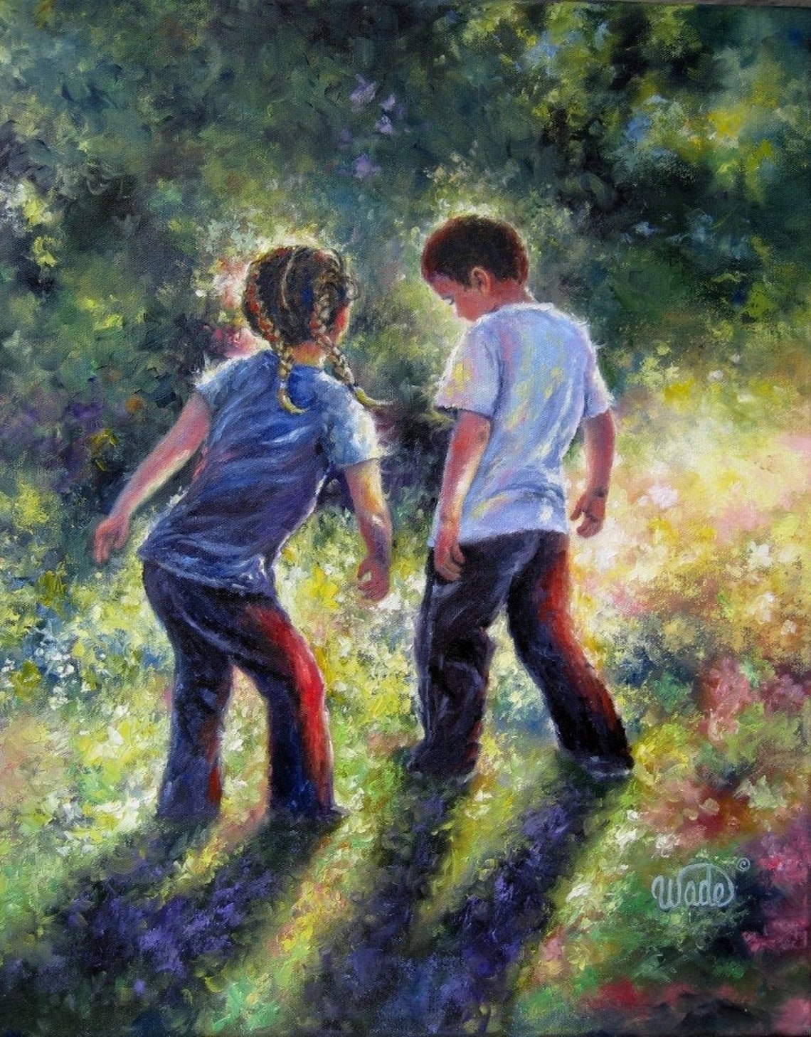 Brother And Sister Dancing Outdoors In Golden Sunlit Meadow Poster