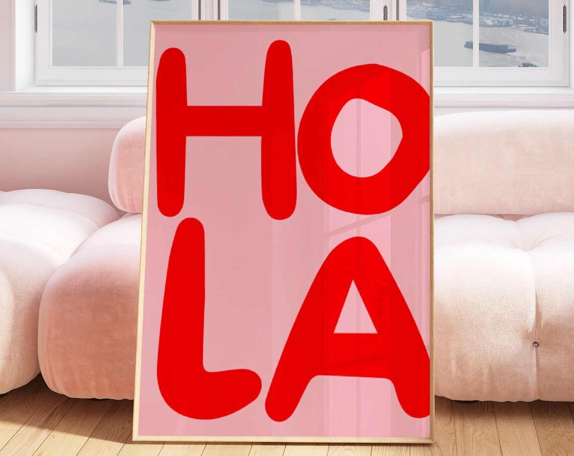 Hola Red Bubble Letter Pink Spanish Colorful Greeting Dorm Poster