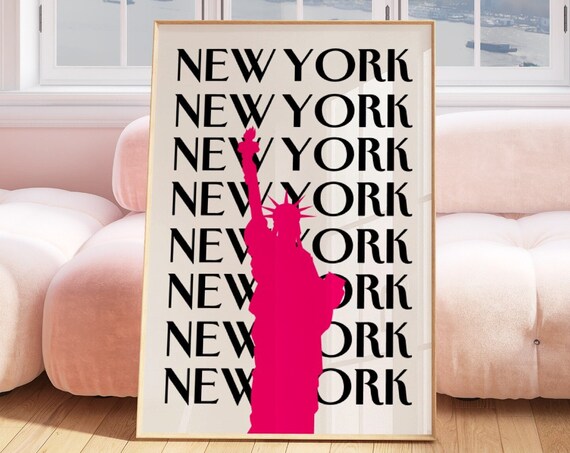 New York Statue Of Liberty Pink Bold Typography Travel Poster