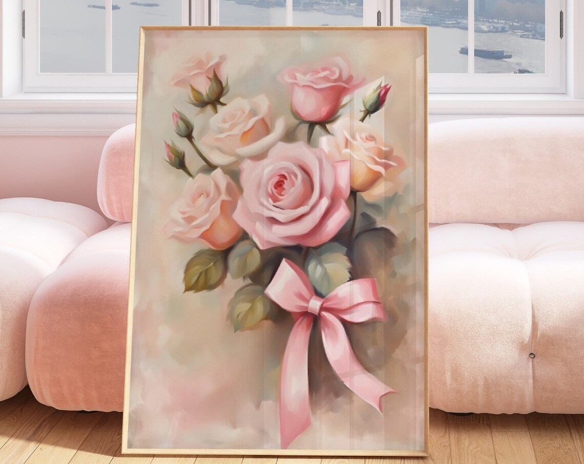 Pink Roses Oil Painting Romantic Elegant Pink Bow Floral Art Poster