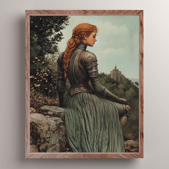 Lady Knight Sitting On A Cliff Art Print Medieval Fantasy Wall Decor Woman Knight Poster Dark Academia Wall Art Renaissance Knight Gift