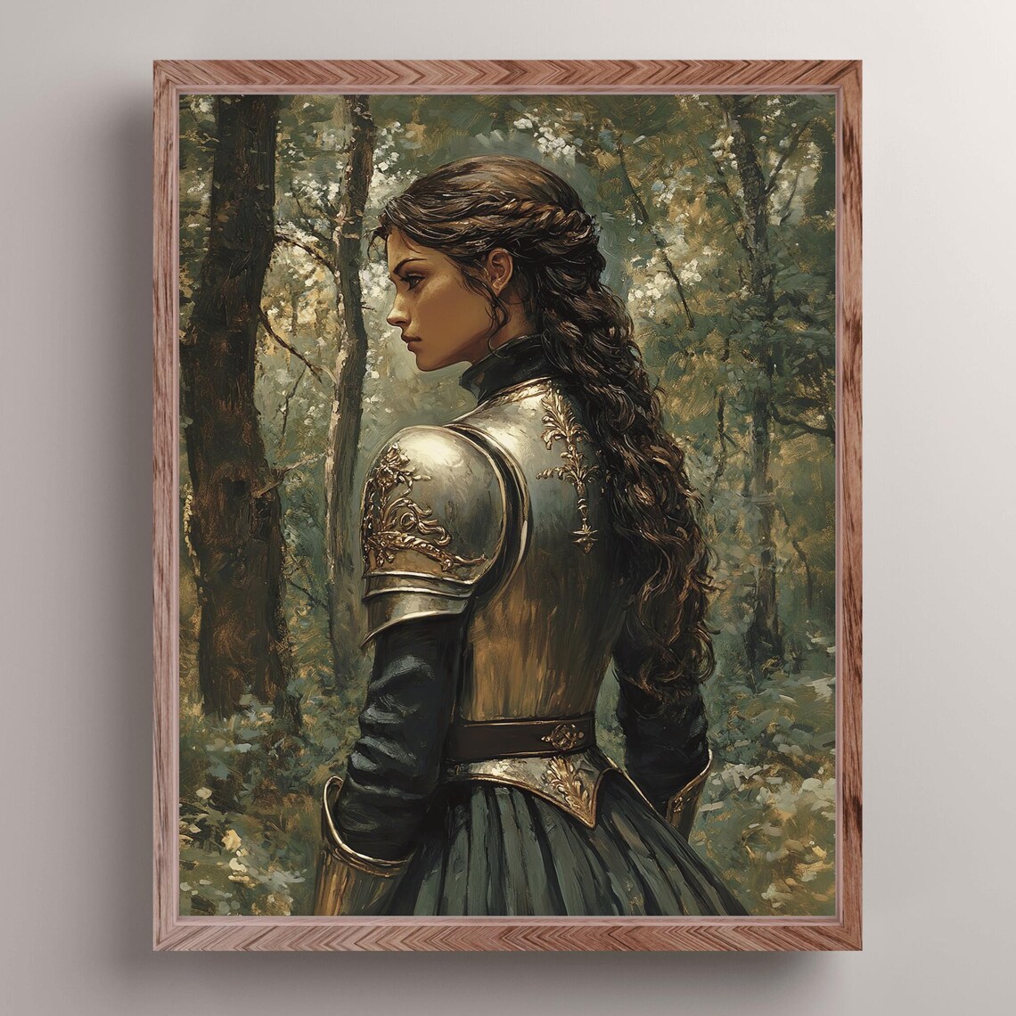 Lady Knight Braided Hair Forest Side Profile Armor Fantasy Painting Poster