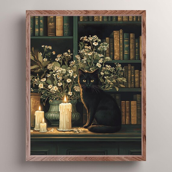 Black Cat In Candlelit Library Among Flowers And Antique Books Poster