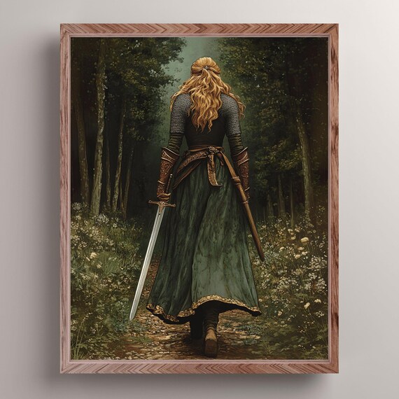 Lady Knight In The Forest Art Print Dark Academia Wall Decor Medieval Fantasy Wall Art Woman Knight Poster Renaissance Knight Gift