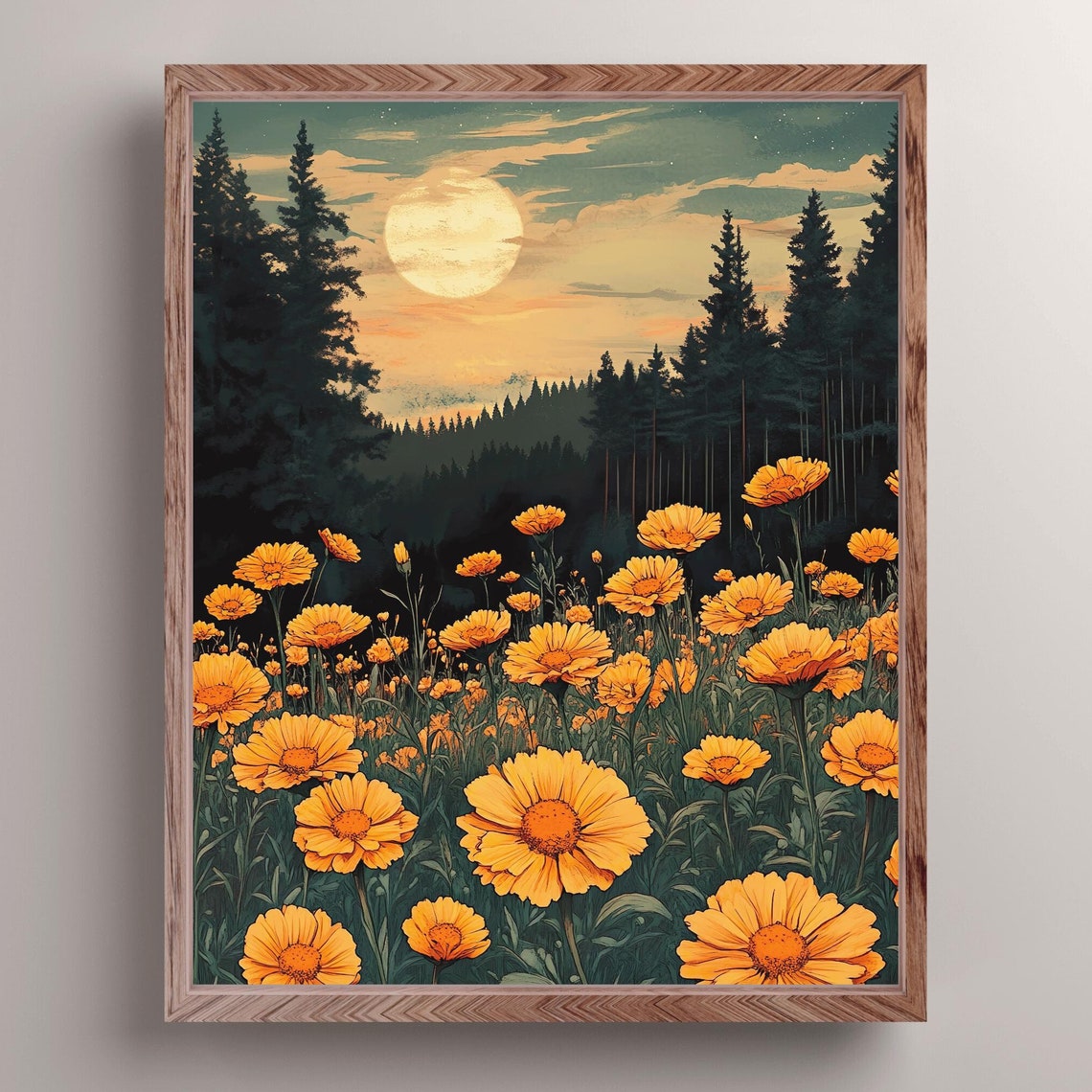 Marigold Meadow Wildflowers Under A Glowing Moon Forest Night Poster