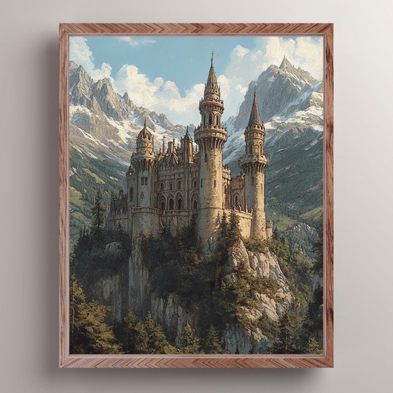 Medieval Castle Over Cliffside Art Print Castle Book Nook Wall Decor Vintage Castle Painting Dark Academia Wall Art Knight Fantasy Gift