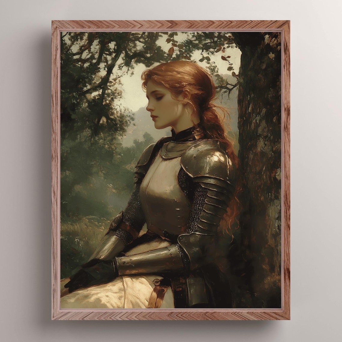 Armored Lady Knight Resting Against Ancient Tree In Forest Wall Art