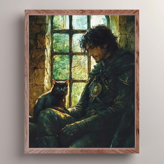 Medieval Knight With Black Cat In Castle Window Dark Academia Poster