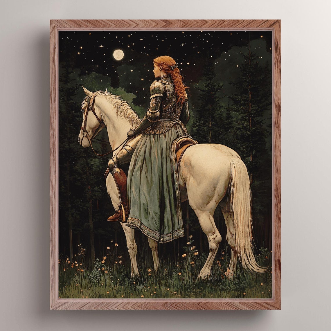 Lady Knight On White Horse Under Starry Moonlit Forest Sky Poster