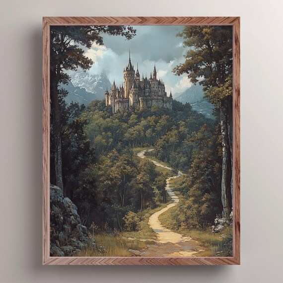 Medieval Castle Road Art Print Dark Fantasy Wall Decor Vintage Castle Painting Forest Academia Wall Art Renaissance Knightcore Gift