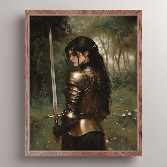 Black Haired Lady Knight In The Forest Art Print Dark Academia Wall Decor Woman Knight Painting Medieval Fantasy Wall Art Knight Gift